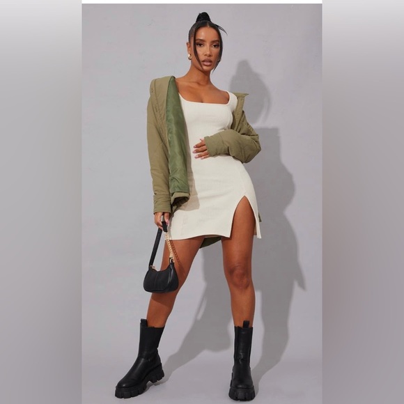 Prettylittlething - Cream Rib Split Hem Square Neck Dress - Picture 5 of 5